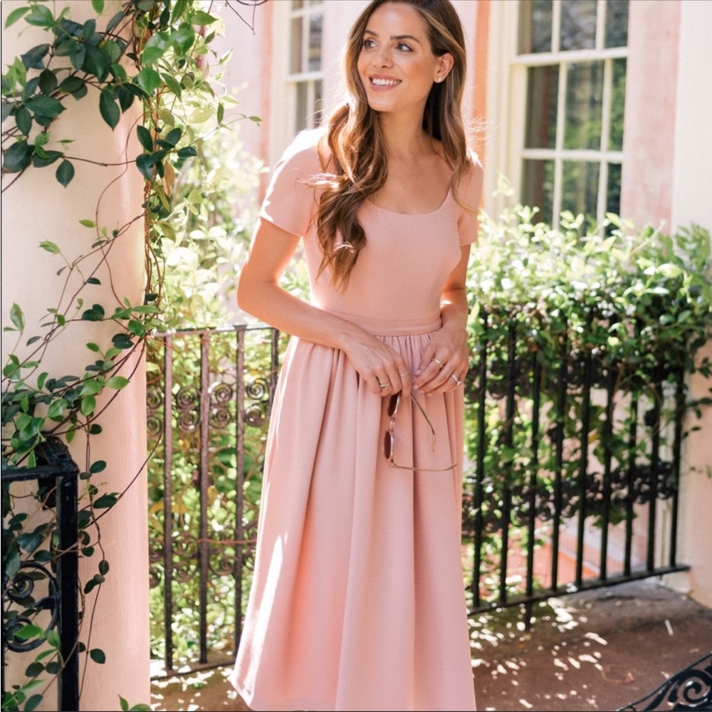 Gal Meets Glam Annie scuba crepe fit & flare midi dress 14. Blush Short sleeve